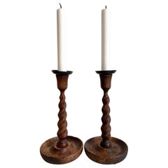 Antique Pair of English Barley Twist Wooden Candlesticks, 1920s