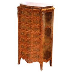 Vintage Mid-Century French Louis XV Marble Top Marquetry Bombe Seven-Drawer Semainier