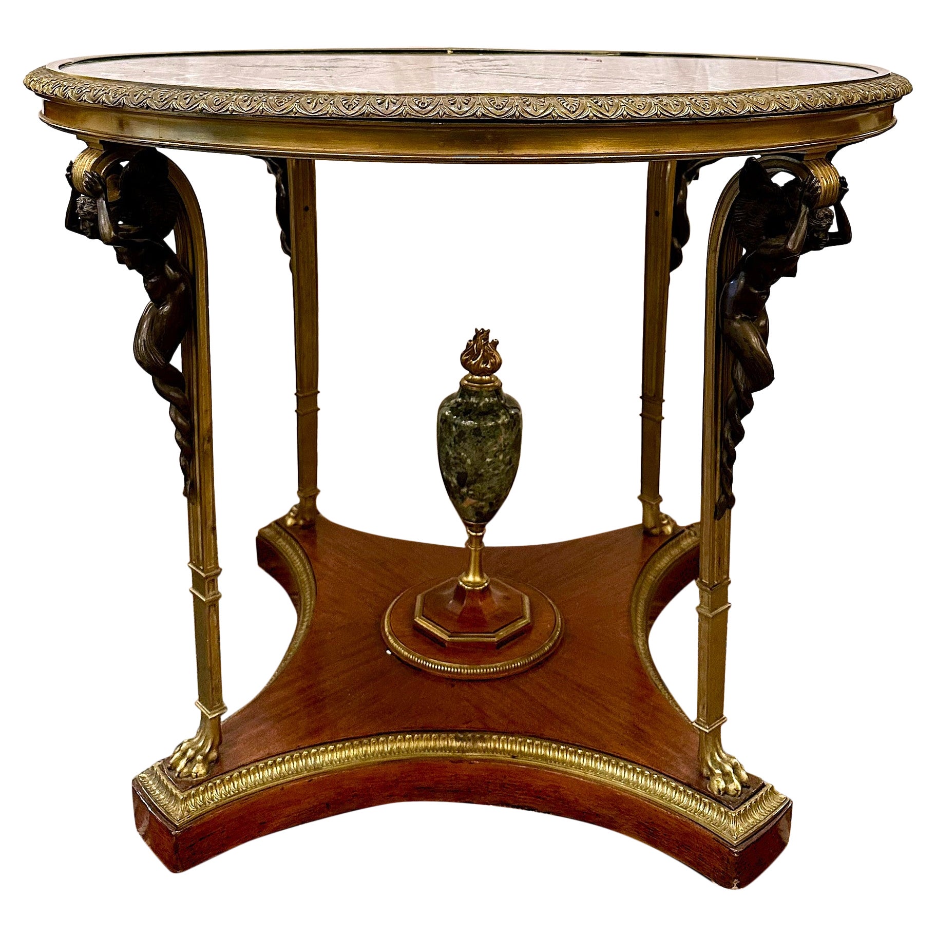 Antique French Gold Bronze Mounted Marble Top Mahogany Center Table, Circa 1890