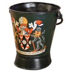 Antique Early 20th Century English Hand-Painted Iron Fire or Coal Bucket with Crest