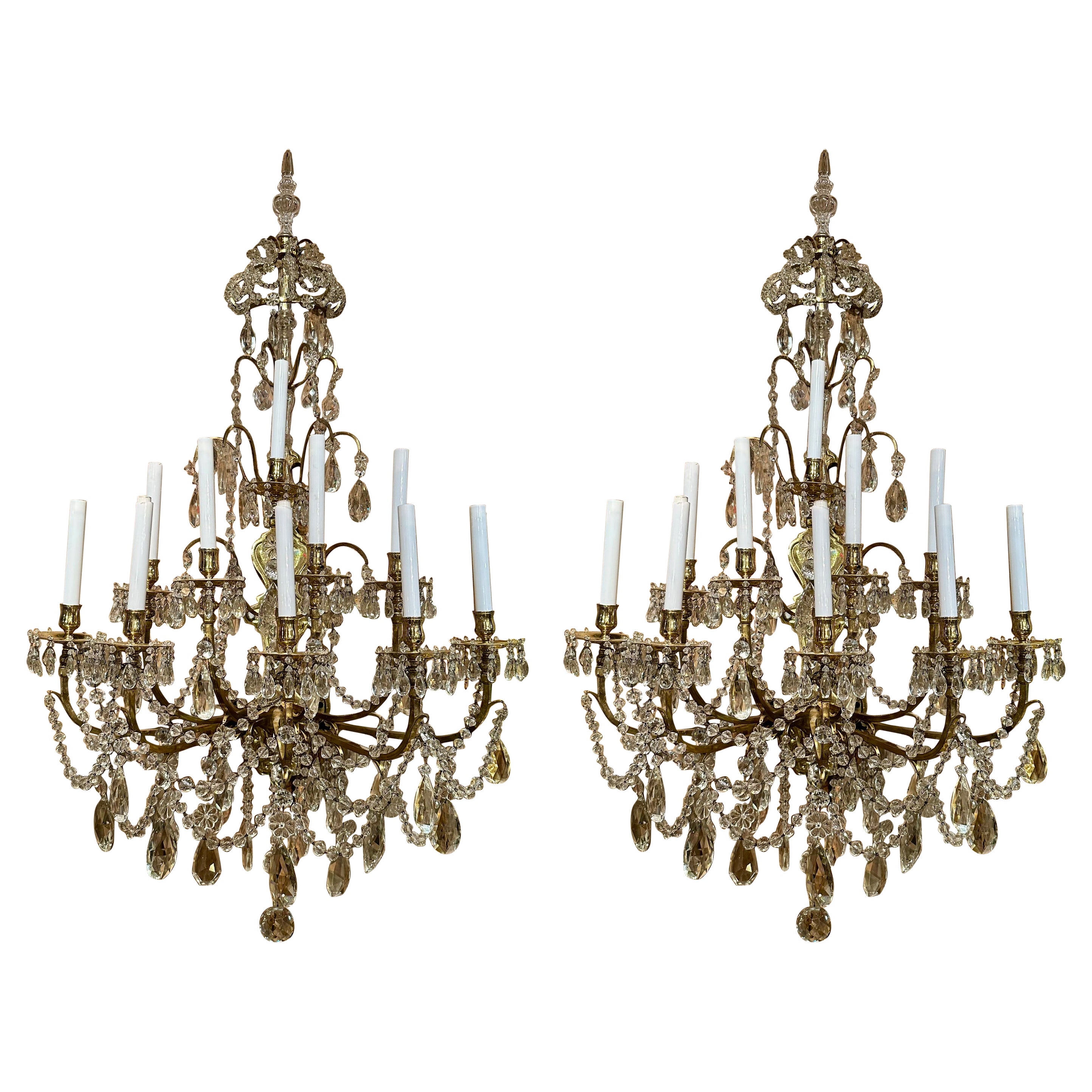 Pair Grand Scale Antique French Gold Bronze & Crystal Wall Sconces, Circa 1880. For Sale