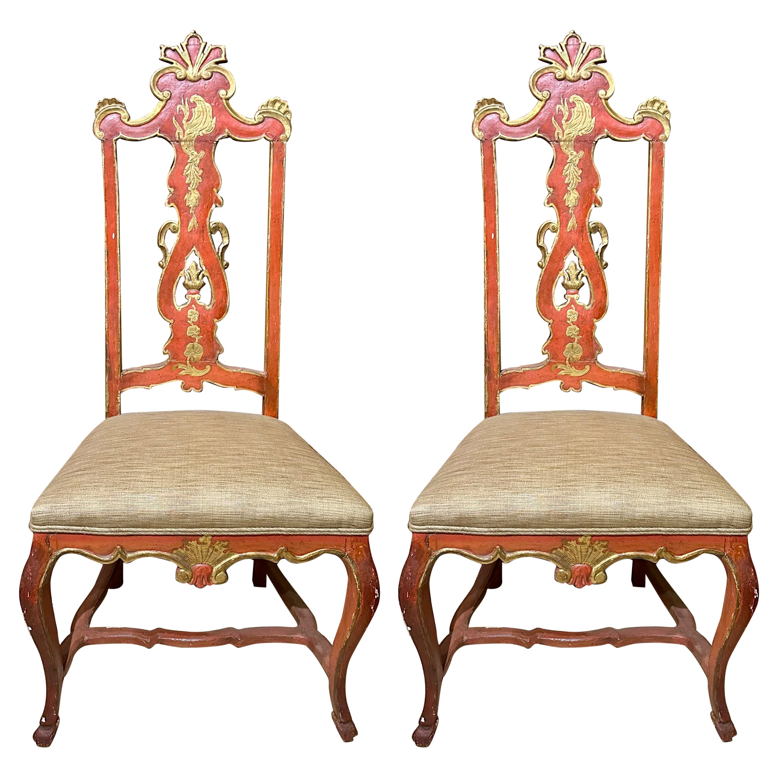 Pair Antique Italian Red & Gold Painted Chinoiserie Style Side Chairs Circa 1890 For Sale