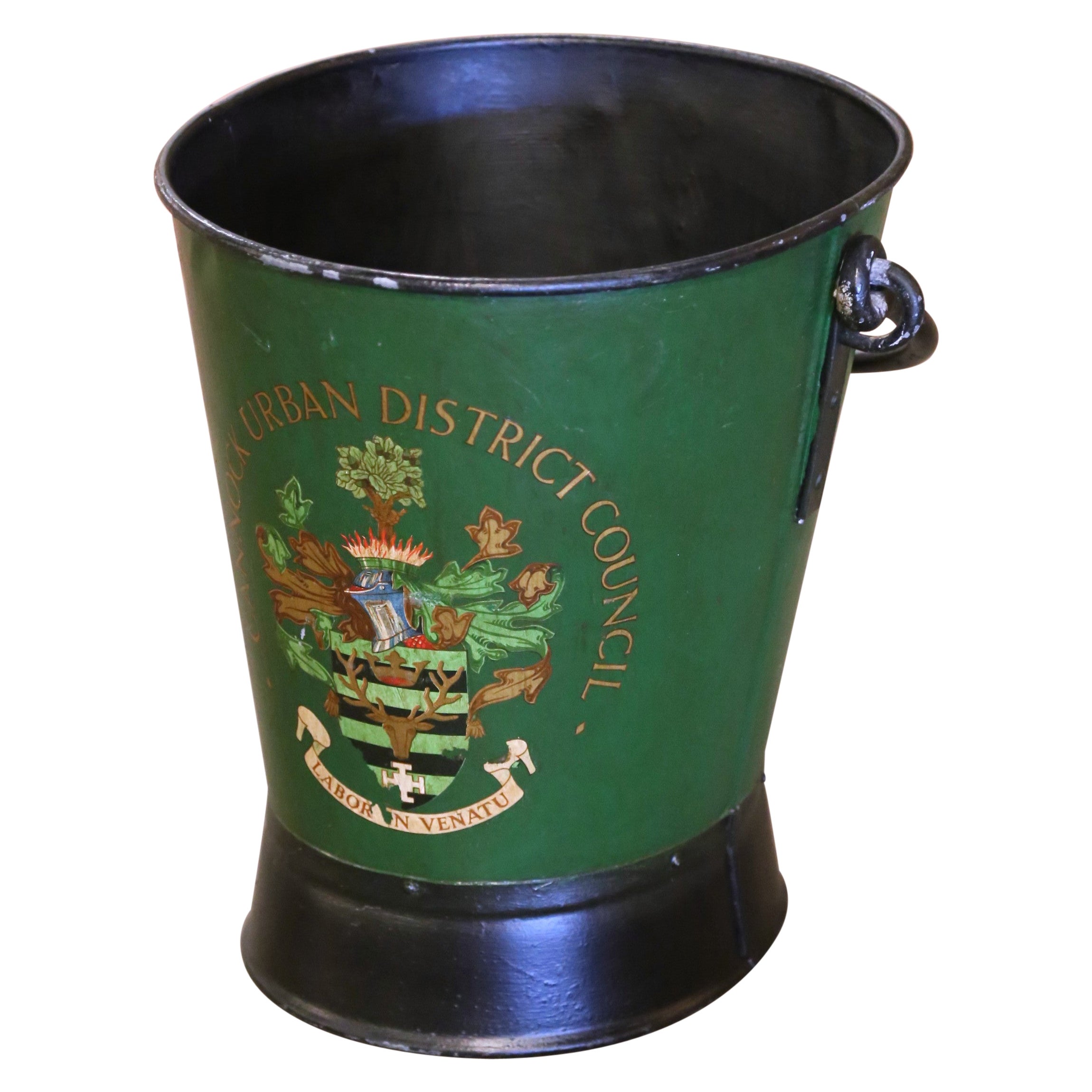 Early 20th Century English Hand-Painted Iron Fire or Coal Bucket with Crest