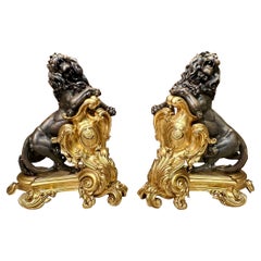 Pair Antique French Bronze D'Oré and Patinated Bronze Lion Chenets, Circa 1880's