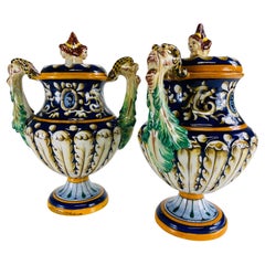 Mid-century vintage hand painted Italian pottery urns with lids/pair