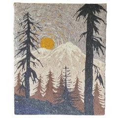 Grande tenture murale d'art du milieu du siècle dernier représentant un paysage forestier de montagne