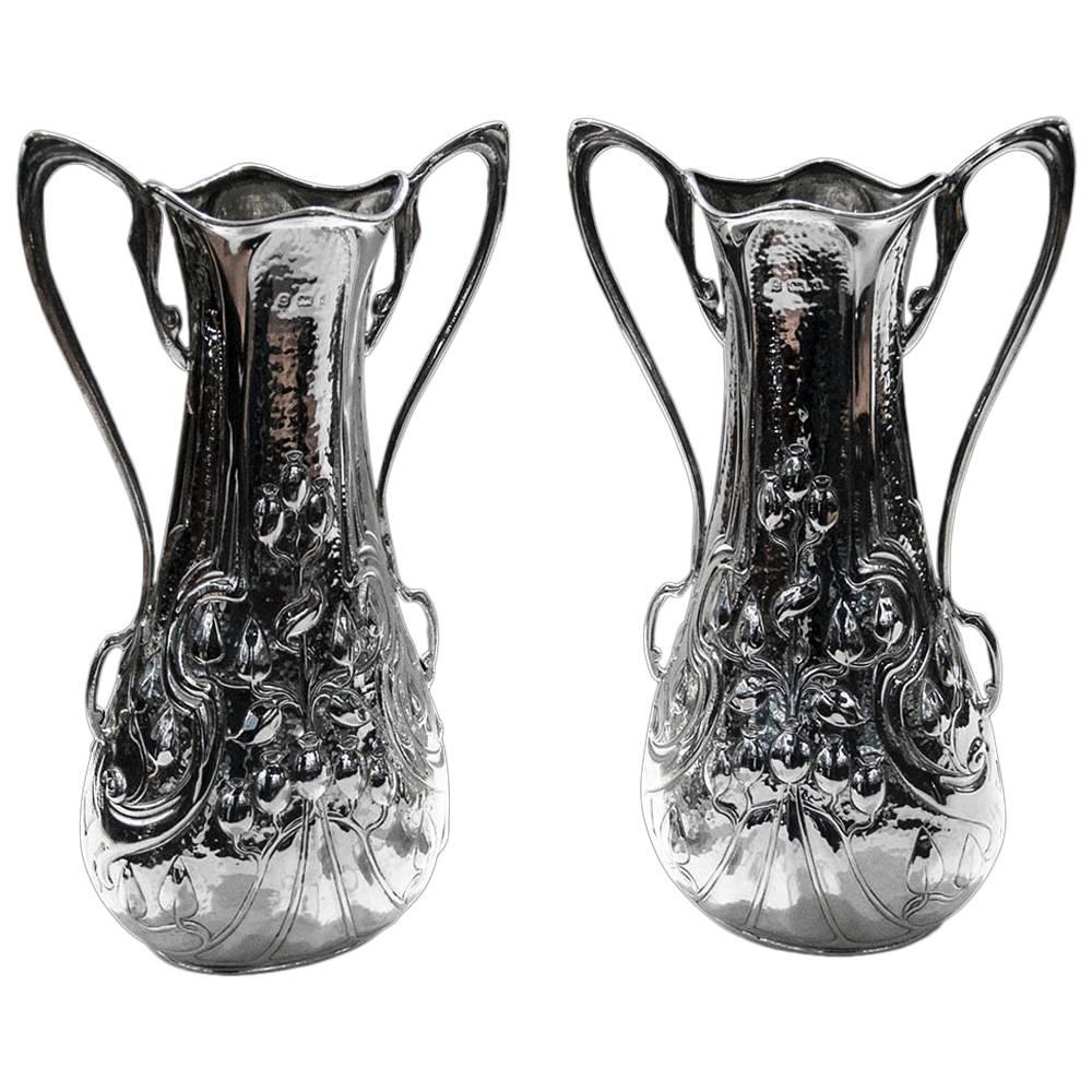 Pair of Antique English Sterling Silver Art Nouveau Vases For Sale