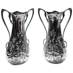 Pair of Antique English Sterling Silver Art Nouveau Vases