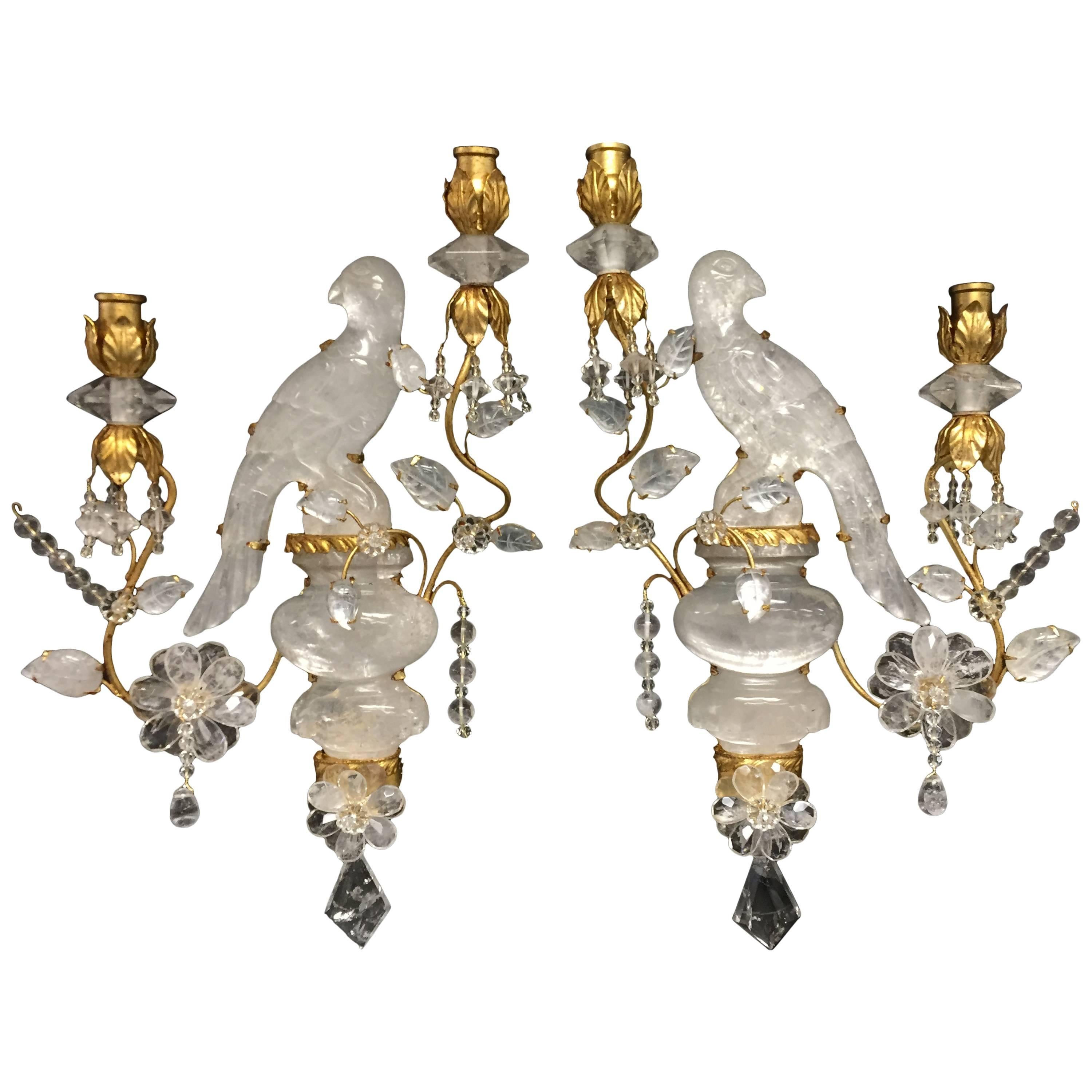 Wonderful Pair of Gold Gilt Rock Crystal Bagues Bird Parrot Urn Form Sconces