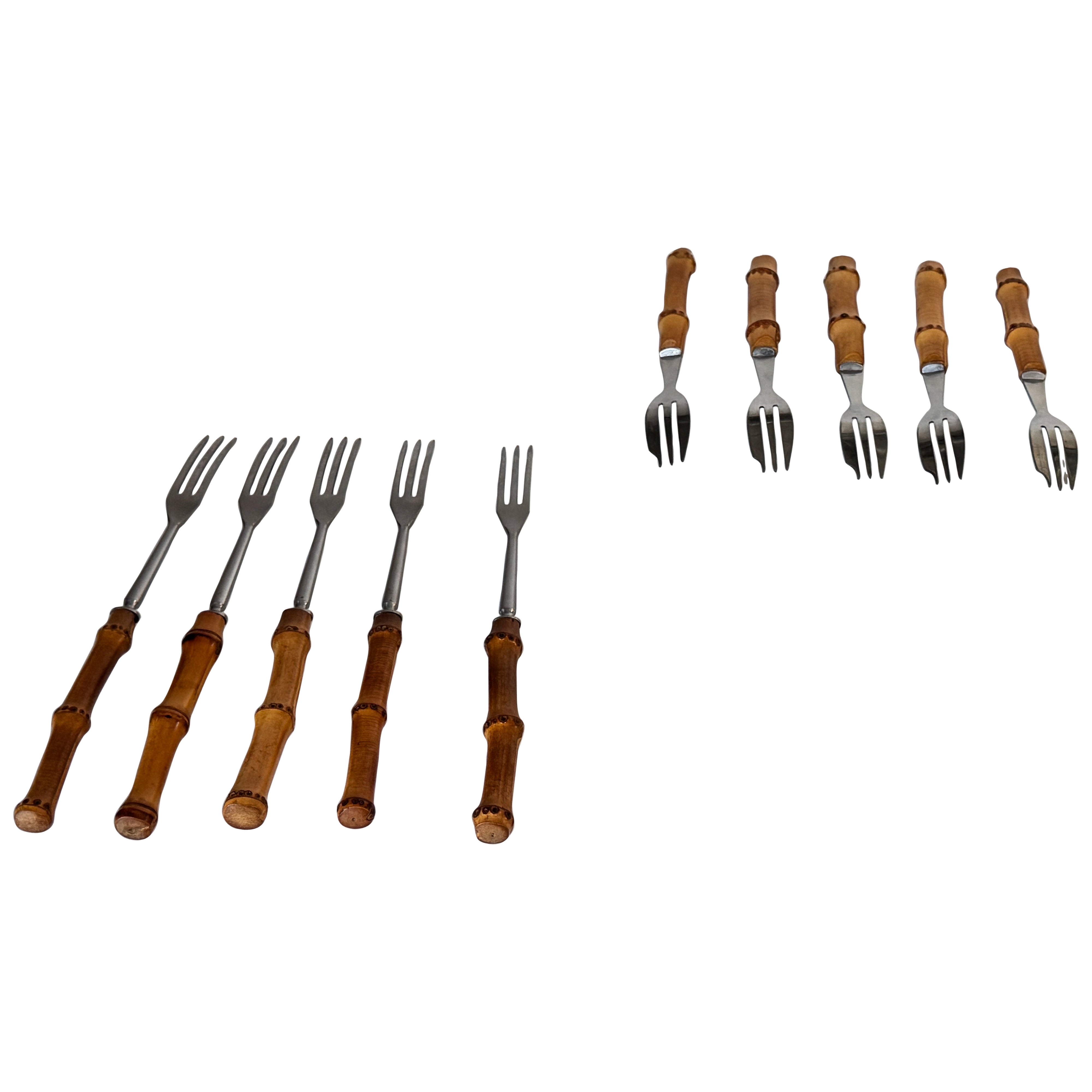 Set of 10 French Faux Bamboo Forks, Fondue and Cheese Forks, 1970s