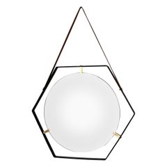 Italian Esagonal Floating Wall Mirror with Leather Strap and Brass Details, 1960
