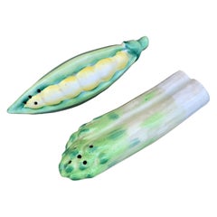 Vintage Trompe L'Oeil Ceramic Pea Pod and Asparagus Salt and Pepper Shakers