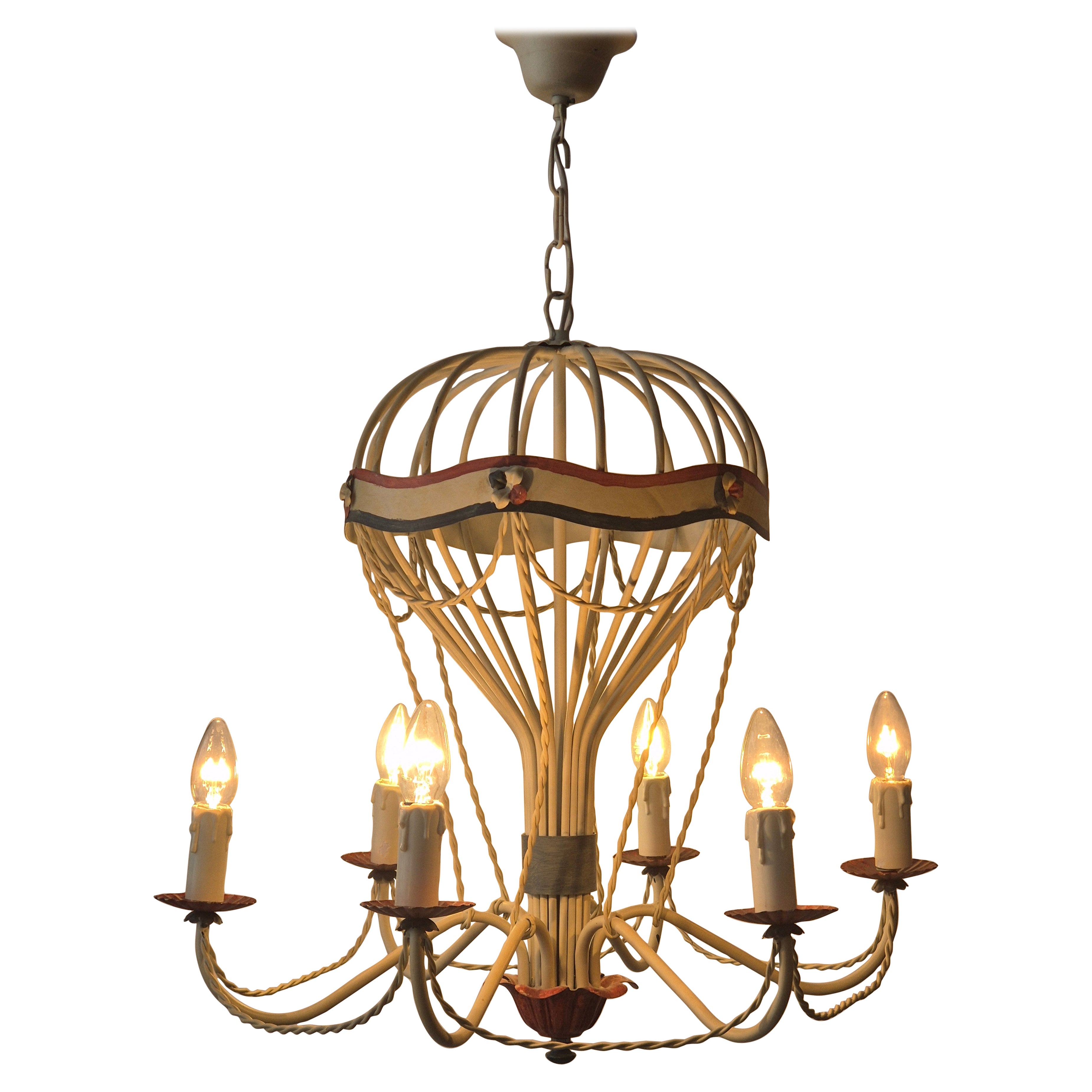 French Gilt Iron and Painted Tôle  Hot Air Balloon Chandelier, Mid-20th Century