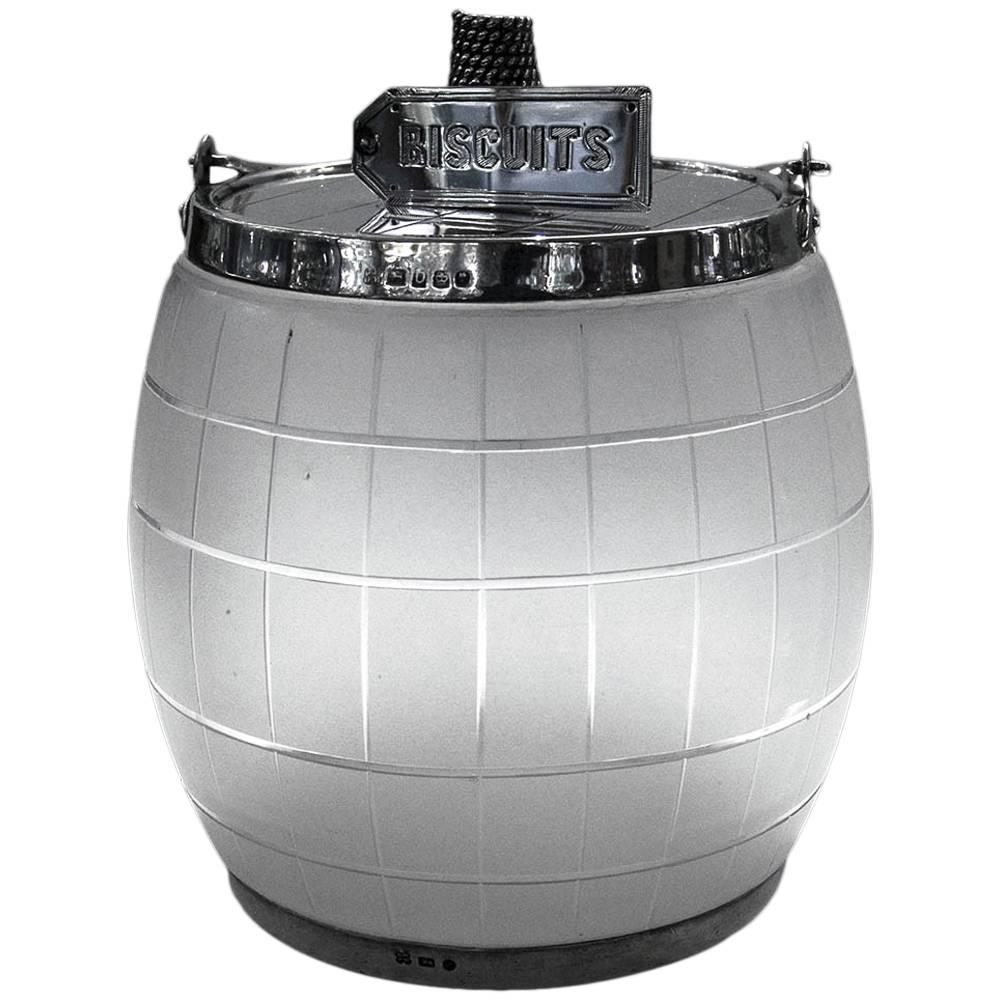 Antique English Victorian Silver Mounted Frosted Glass Biscuit Barrel