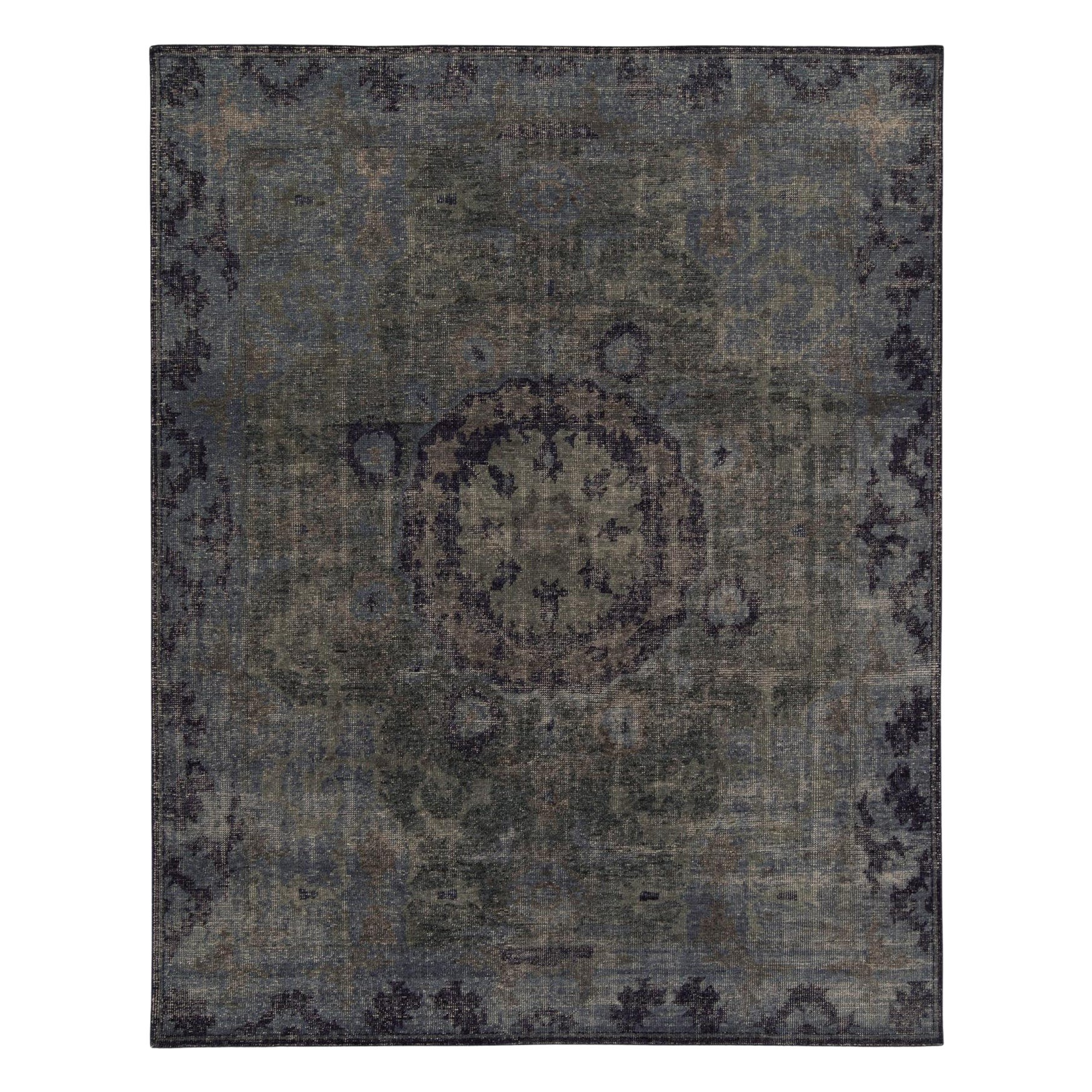 Rug & Kilim’s Distressed Style Rug in Blue and Gray Medallion Pattern