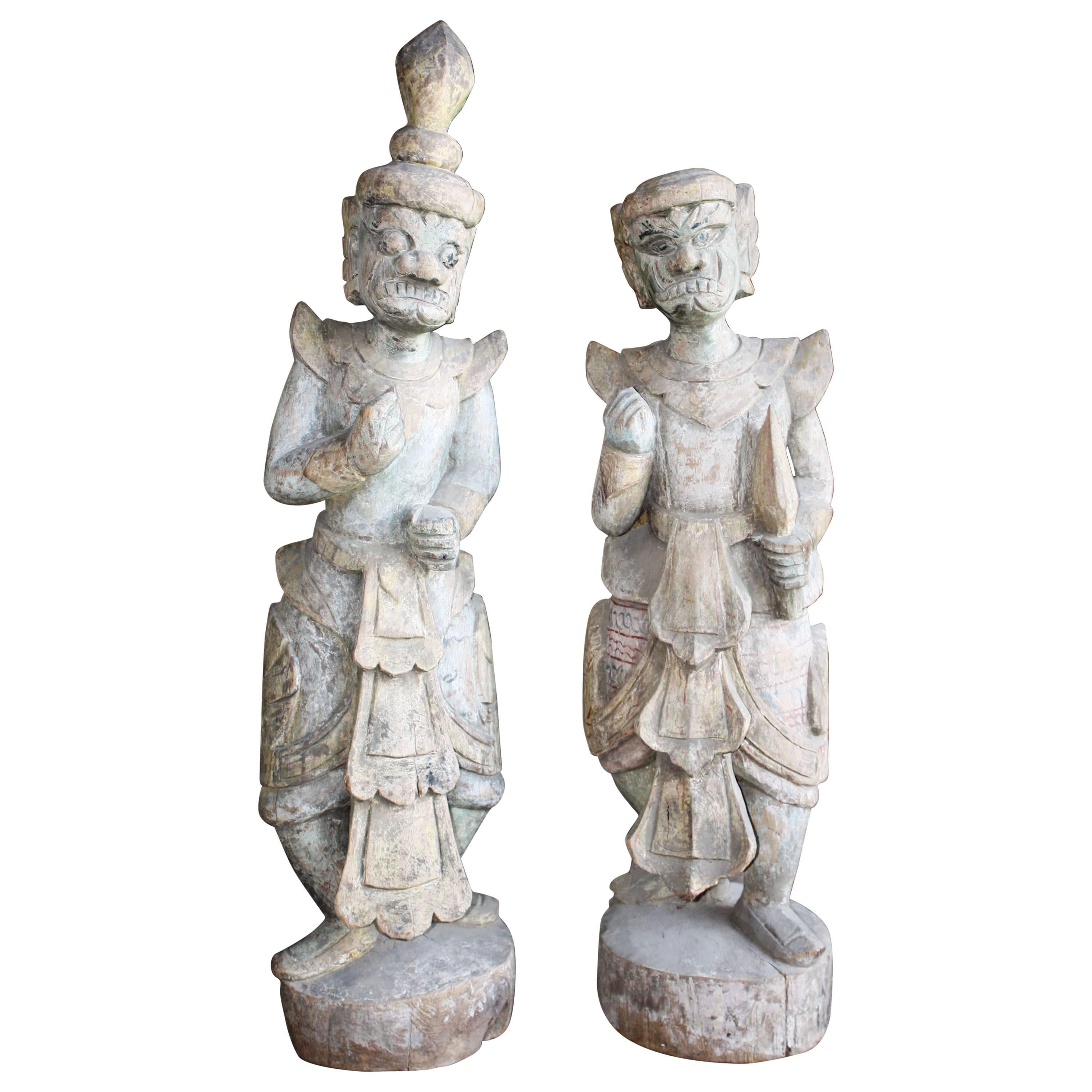 18th Century Pair of Carved Wood Statues, Bali