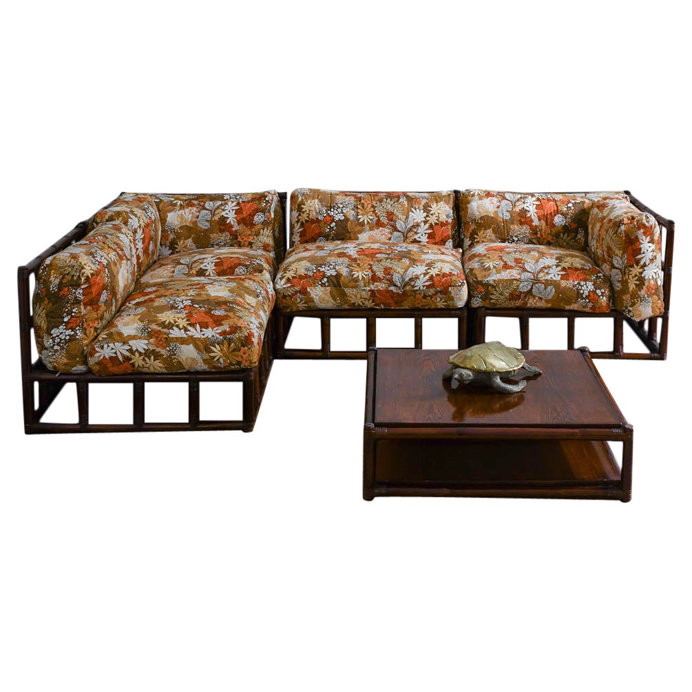 1970s Bamboo Living Room Set: Four-Module Sofa + Bamboo and wood Coffee Table