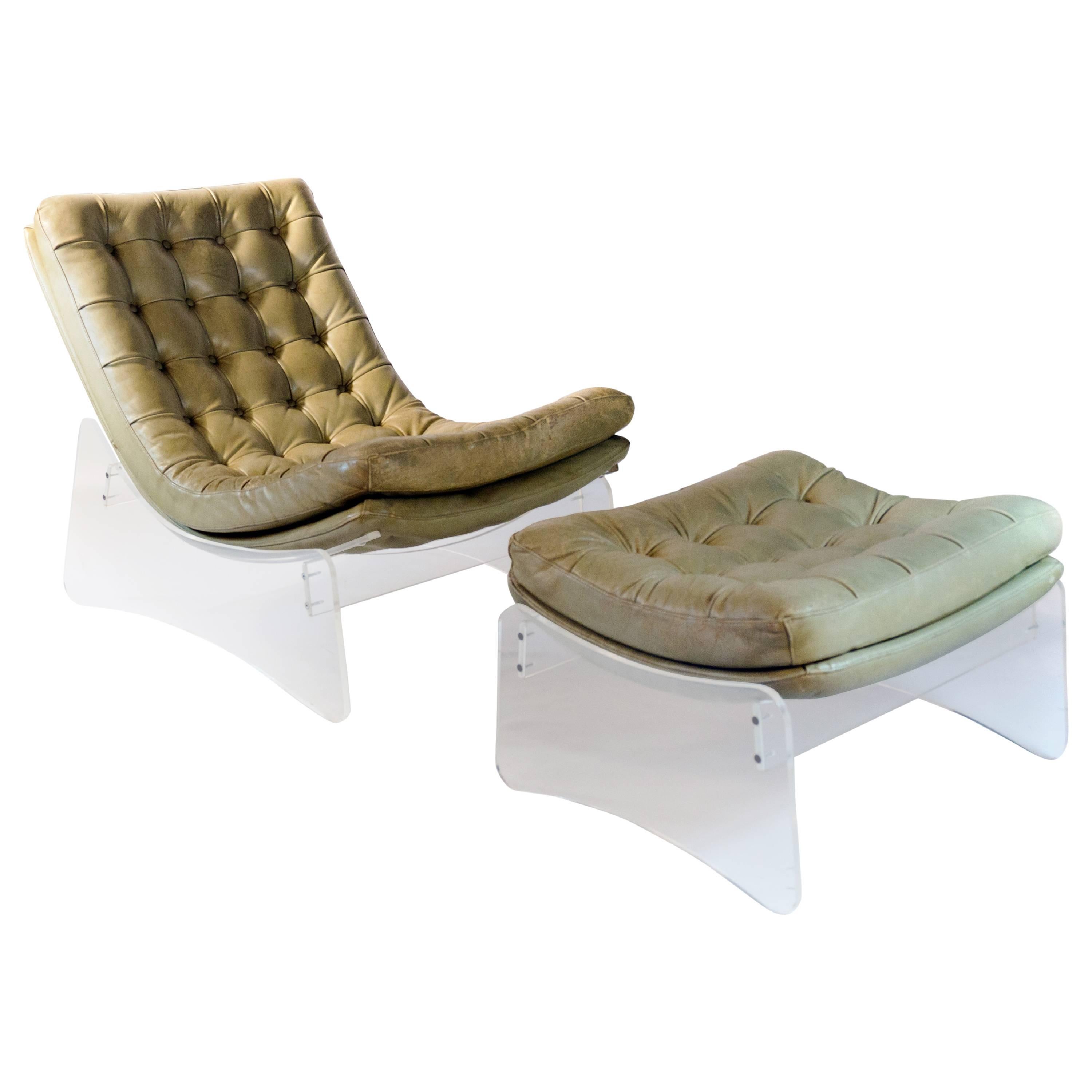 Very Rare Italian Lucite Plexiglass Leather Lounge Chair For Sale
