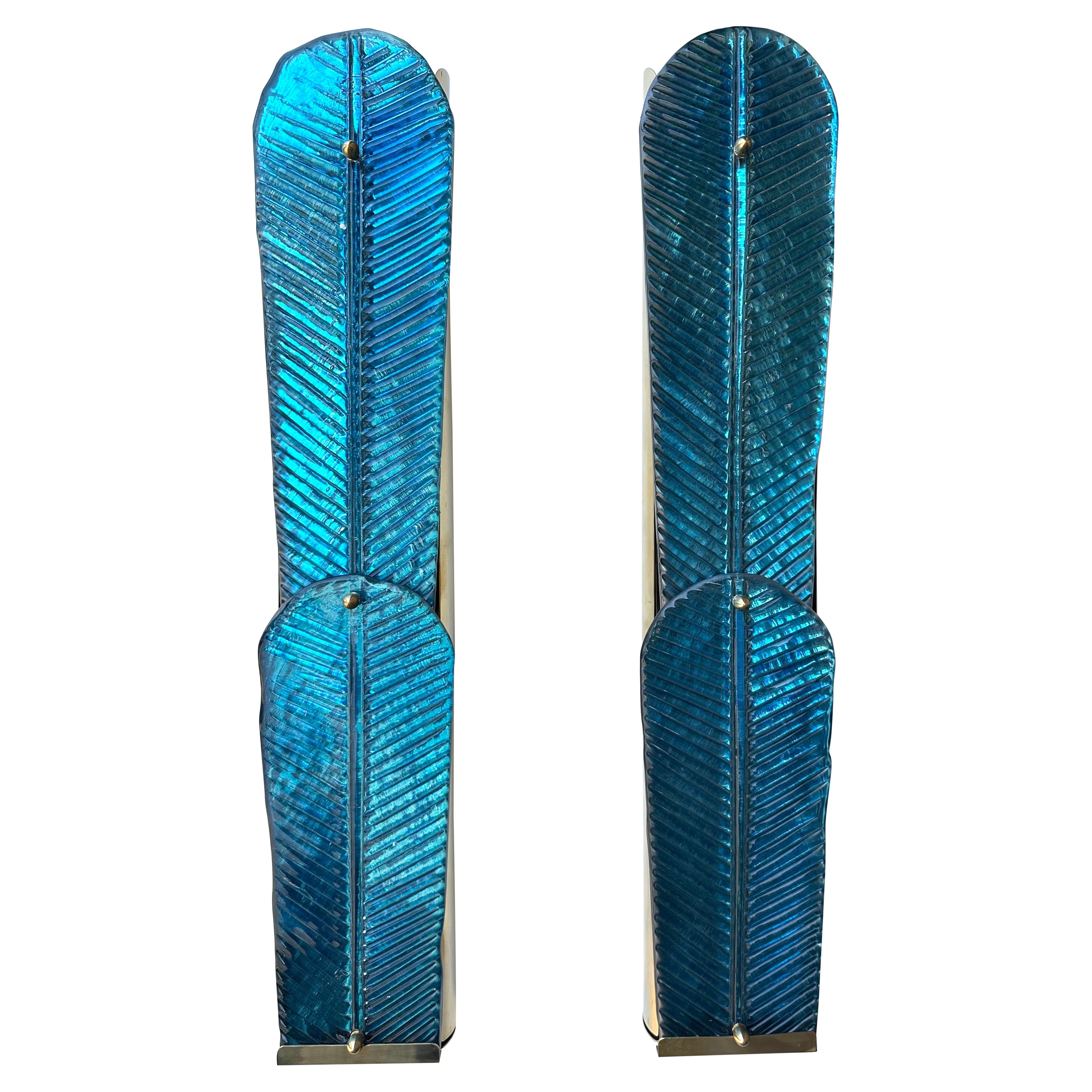 Contemporary Pair of Brass and Blue Murano Glass Palm Tree Sconces, Italy