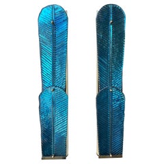 Contemporary Pair of Brass and Blue Murano Glass Palm Tree Sconces, Italy