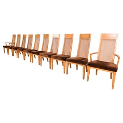 Milo Baughman Style Mid-Century Modern Burl Wood & Cane High Back Dining Chairs