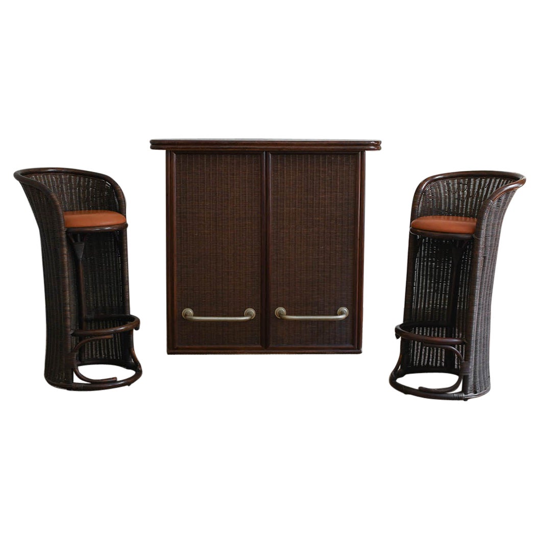Meuble de bar en osier et bambou avec tabourets en cuir, Italie, 1970