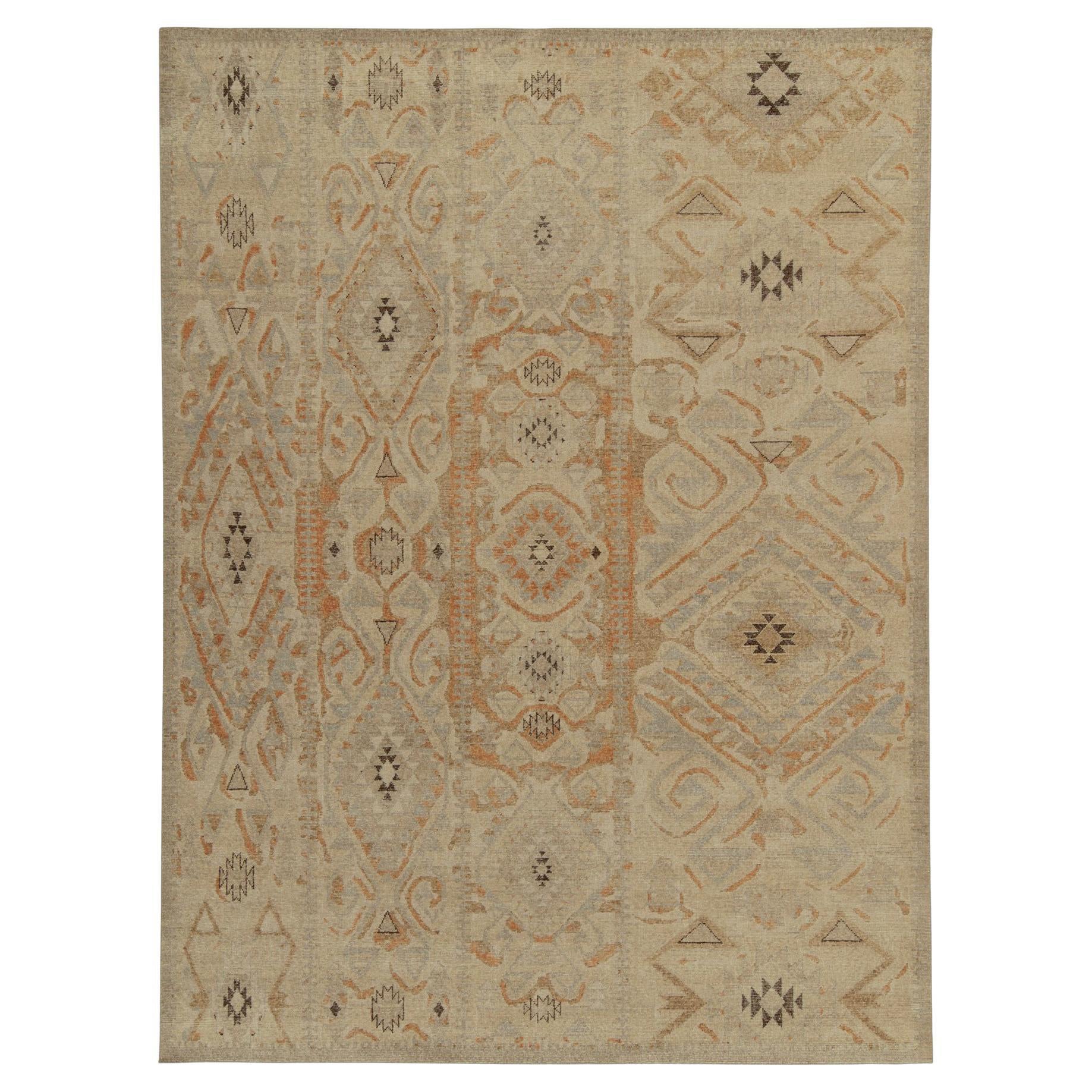 Rug & Kilim’s Distressed Style Rug in Beige-Brown, Blue & Rust Tribal Patterns For Sale