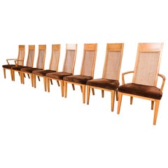 Milo Baughman Style Mid-Century Modern Burl Wood & Cane High Back Dining Chairs