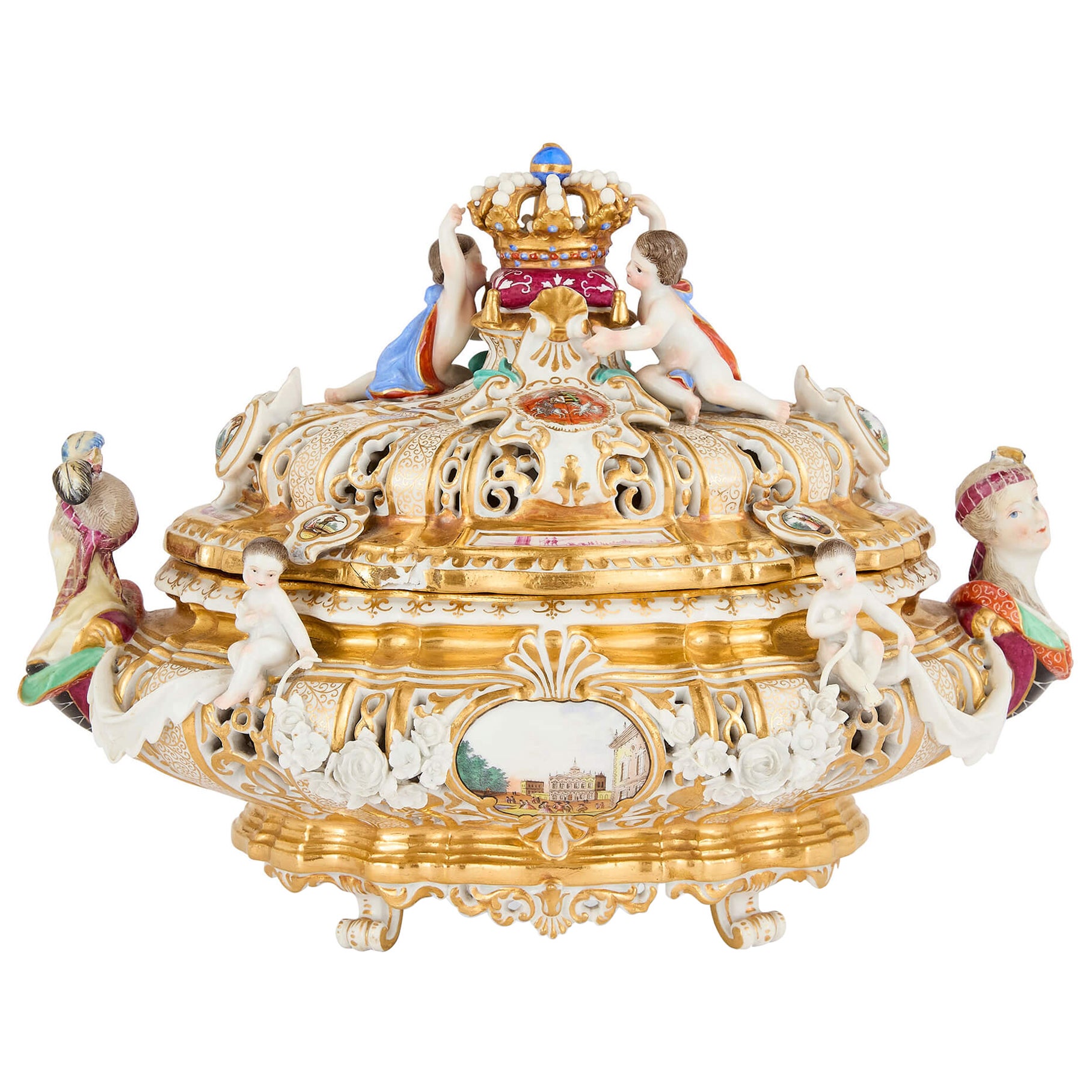 Antica zuppiera tedesca in porcellana con coperchio di Meissen Porcelain