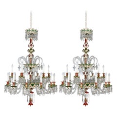 Pair of Large French Antique Overlay Glass Chandeliers by Baccarat