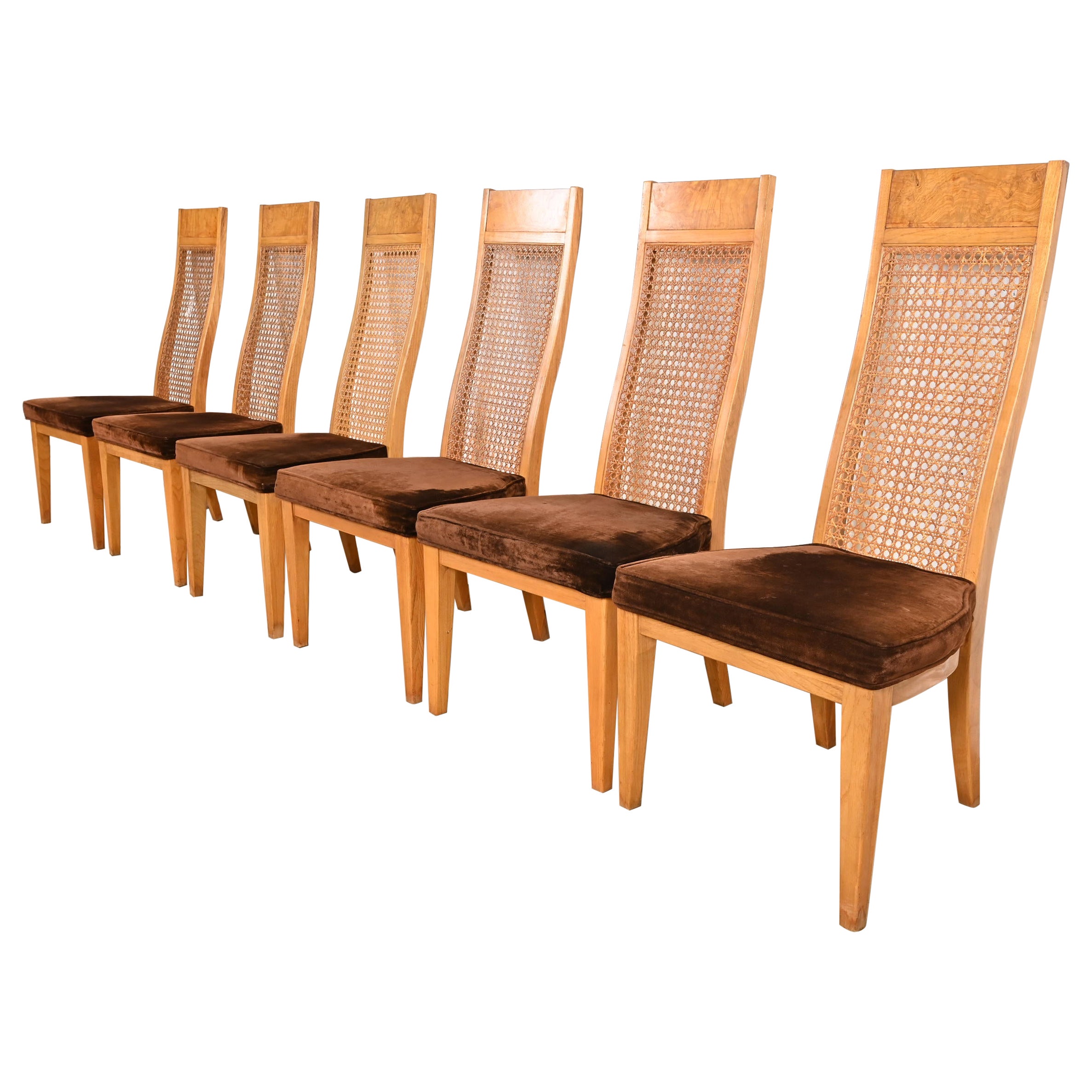 Milo Baughman Style Mid-Century Modern Burl Wood & Cane High Back Dining Chairs