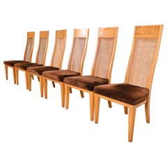 Milo Baughman Style Mid-Century Modern Burl Wood & Cane High Back Dining Chairs