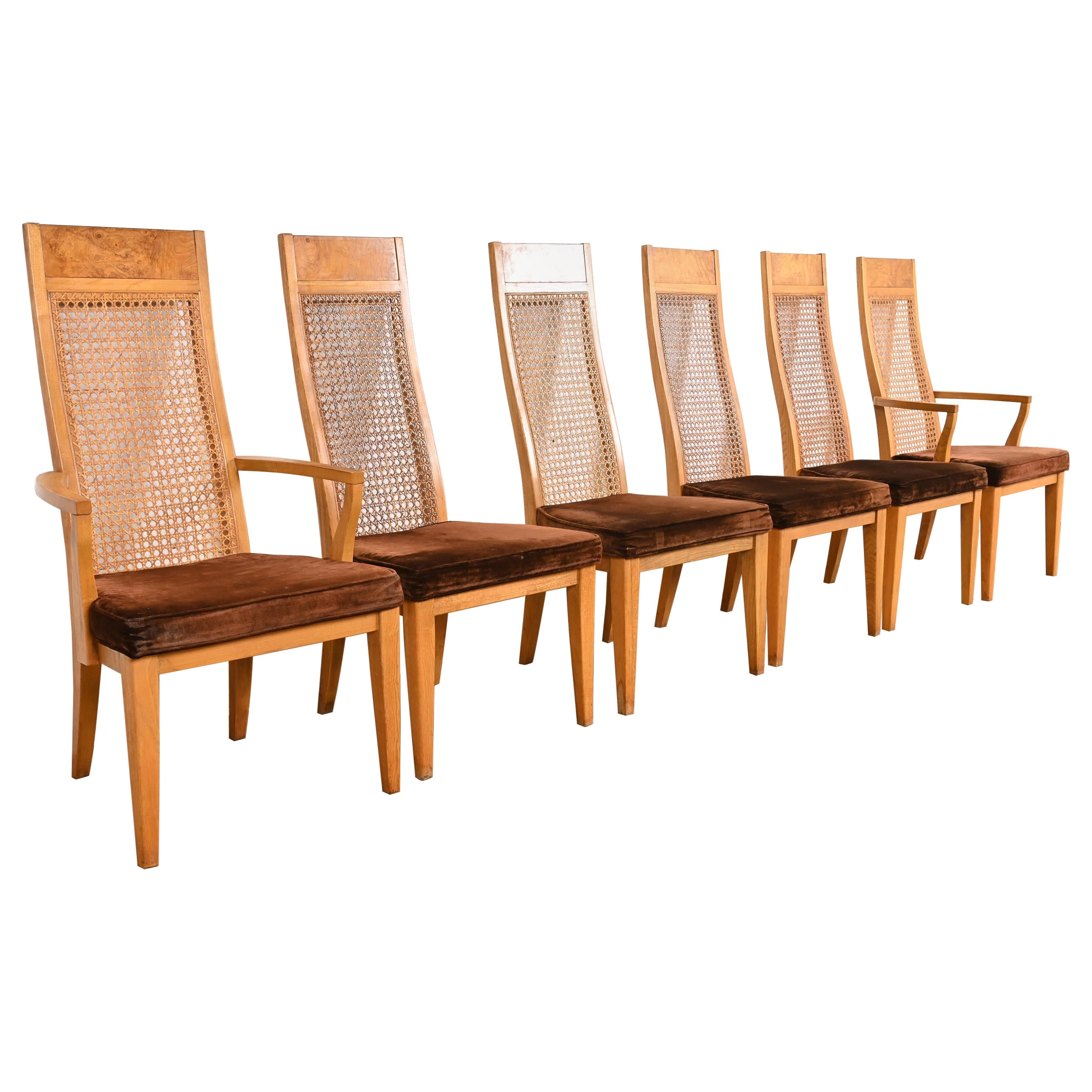 Milo Baughman Style Mid-Century Modern Burl Wood & Cane High Back Dining Chairs