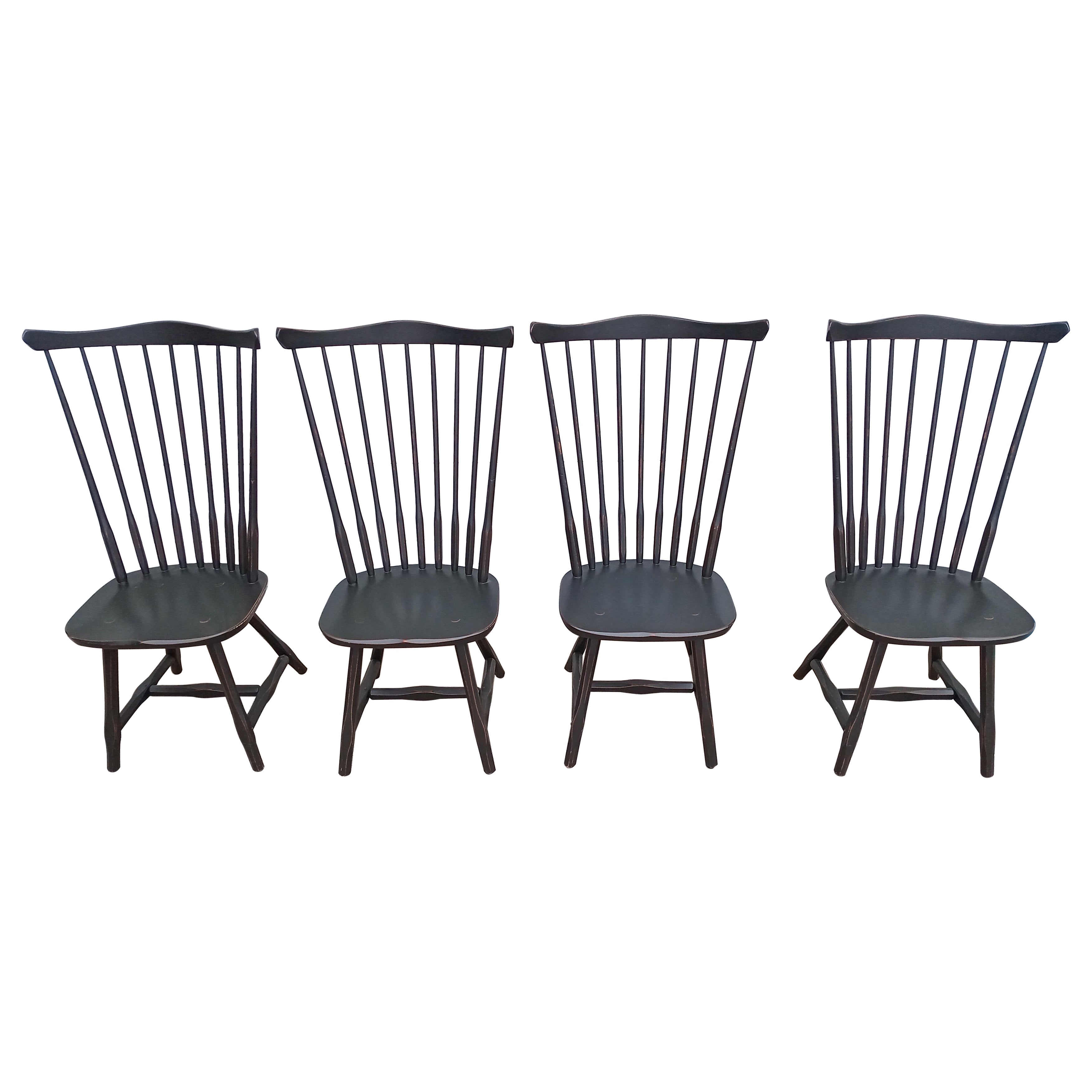 Set of 4 Distressed Black High Back Farm/Country Style Windsor Dining Chairs