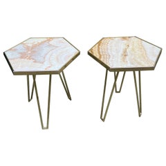 Pair of Vintage Italian Pink Onyx and Brass  Side Tables, 1980