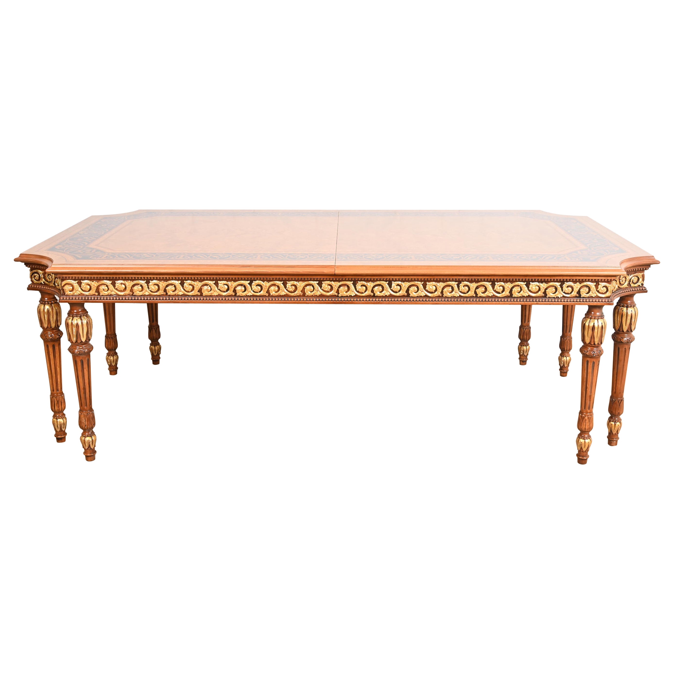 Versace Style Italian Neoclassical Intarsien Wurzelholz Esstisch, neu lackiert