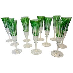 11 Saint Louis “Tommy” Green Cut Crystal Flute Champagne Glasses Vintage