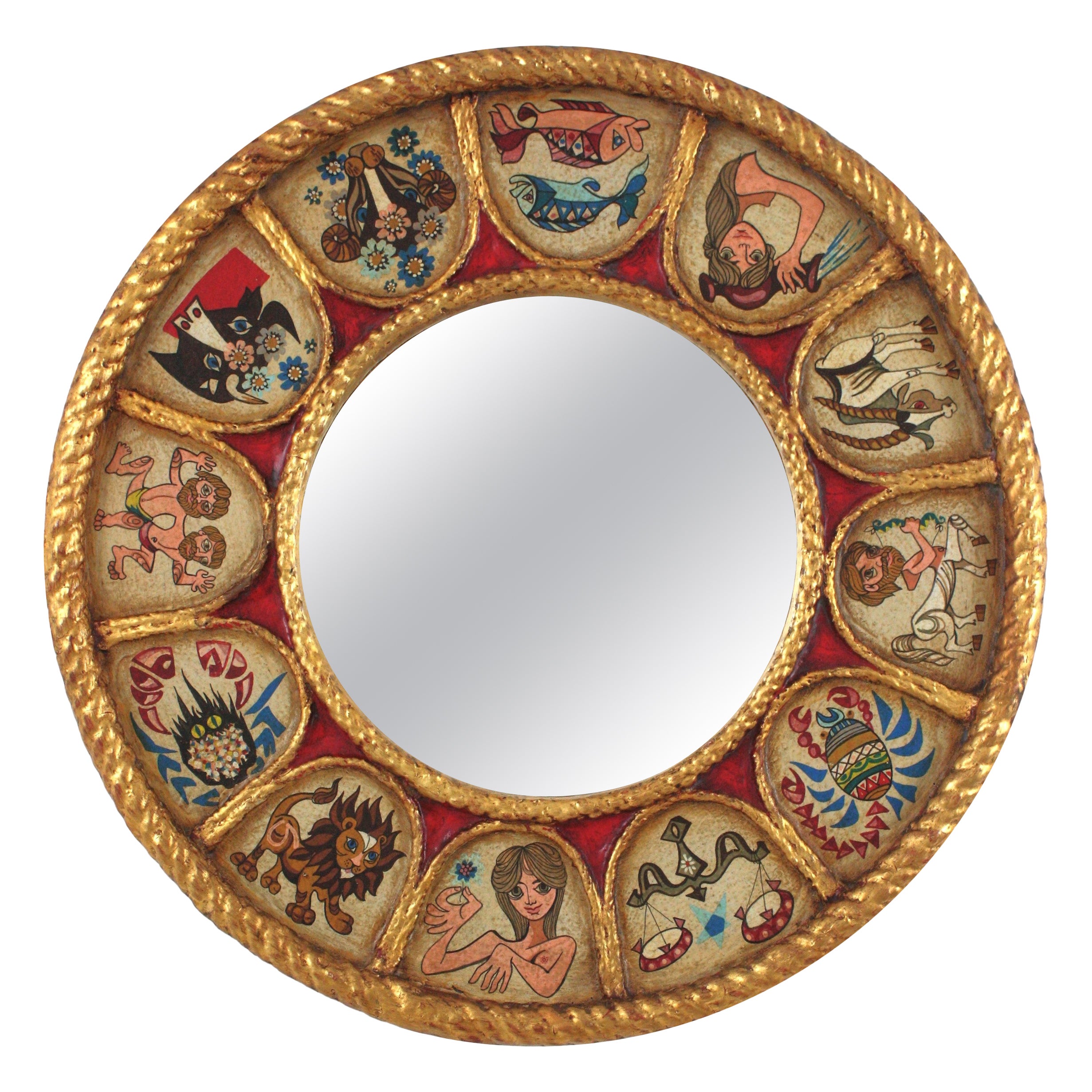 Spanischer runder Zodiac-Spiegel mit vergoldetem, polychrom geschnitztem Rahmen, 1950er Jahre