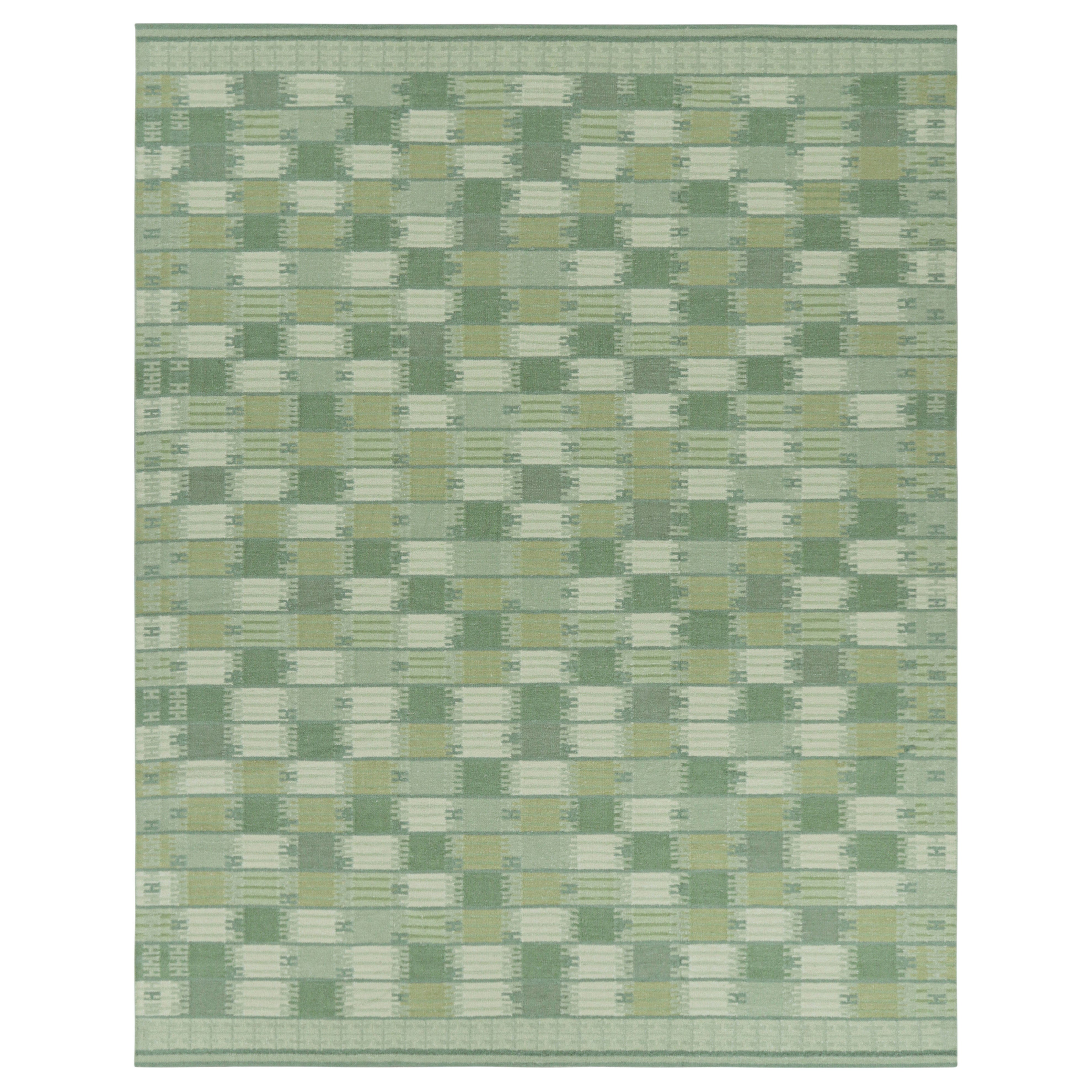 Rug & Kilim’s Scandinavian Style Rug, Green and Teal Blue Geometric Patterns