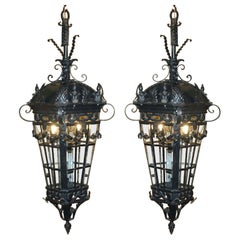 FINE COPPIA DI LANTERNE DA APPENDERE EXTRA GRANDI DEL 20° SECOLO FRANCESE ART DECO