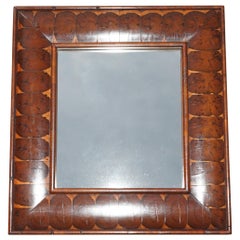 EXQUISITE ANTIQUE OYSTER LABURNUM WOOD CUSHiON FRAMED WALL MIRROR SUBLIME PATINA