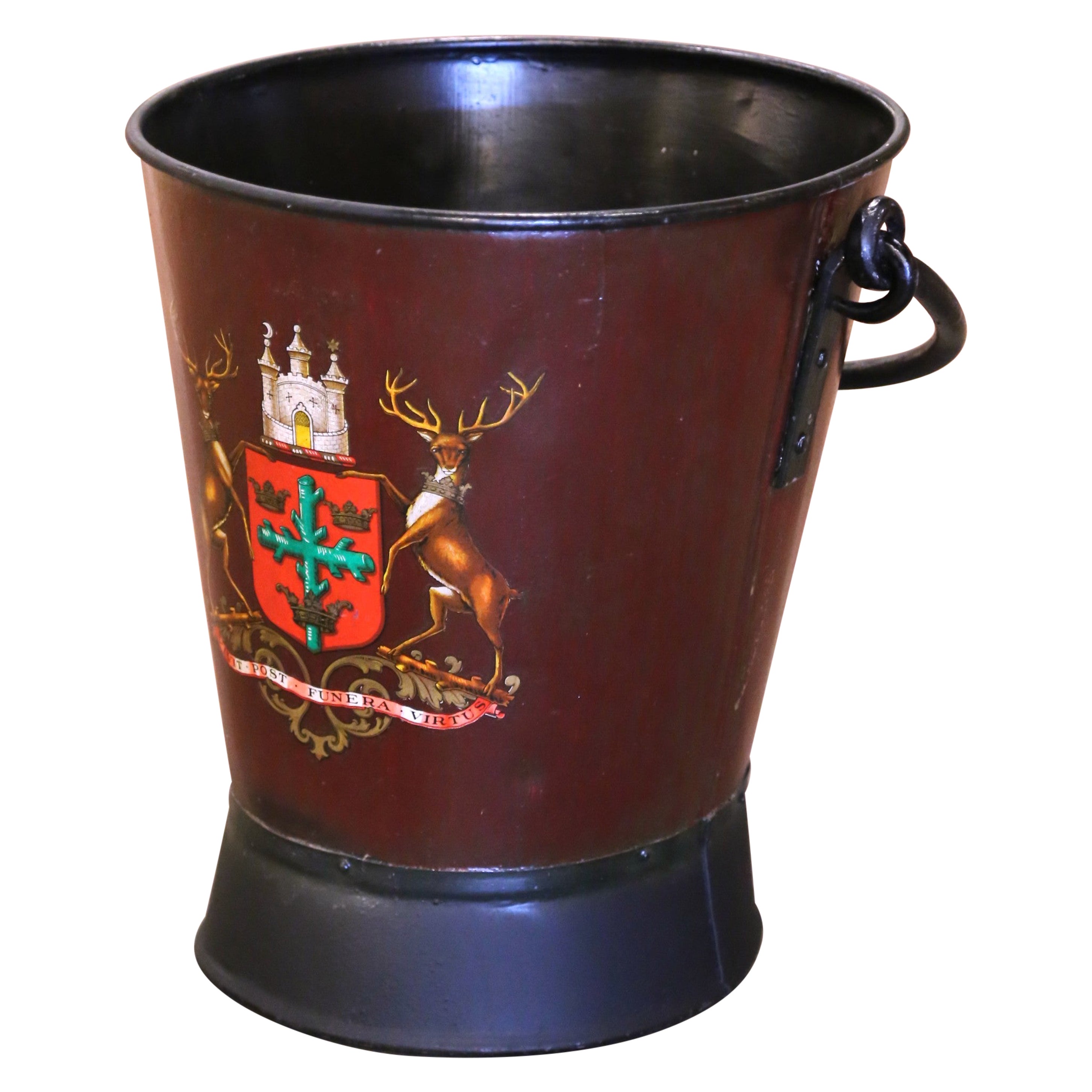 Early 20th Century English Hand-Painted Iron Fire or Coal Bucket with Crest