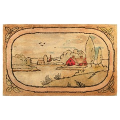 Antique Hooked Rug in Beige-Brown Landscape Pictorial - Rug & Kilim