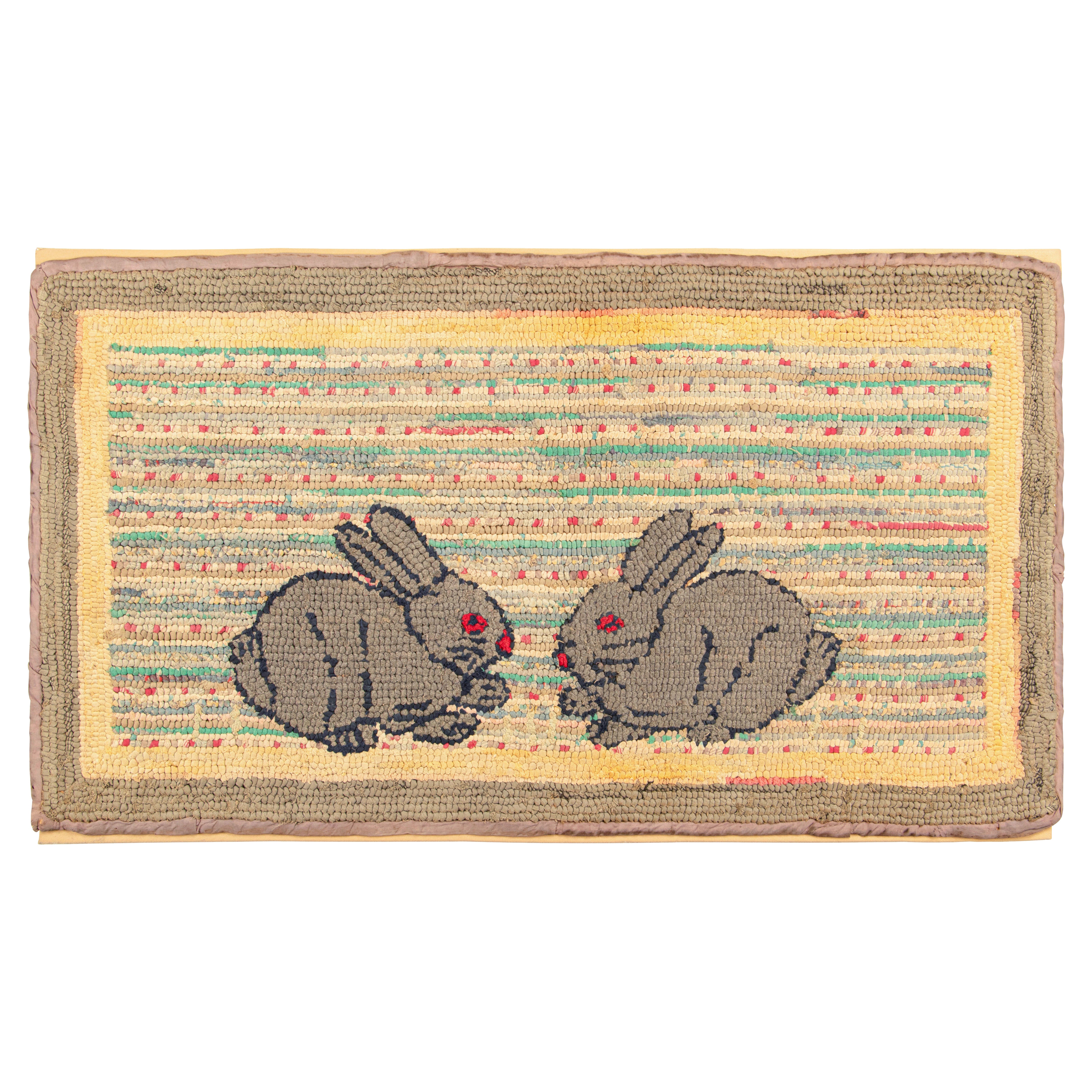 Antique Hooked Rug in Colorful Twin Rabbit Pictorial - Rug & Kilim