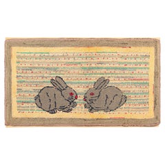 Antique Hooked Rug in Colorful Twin Rabbit Pictorial - Rug & Kilim