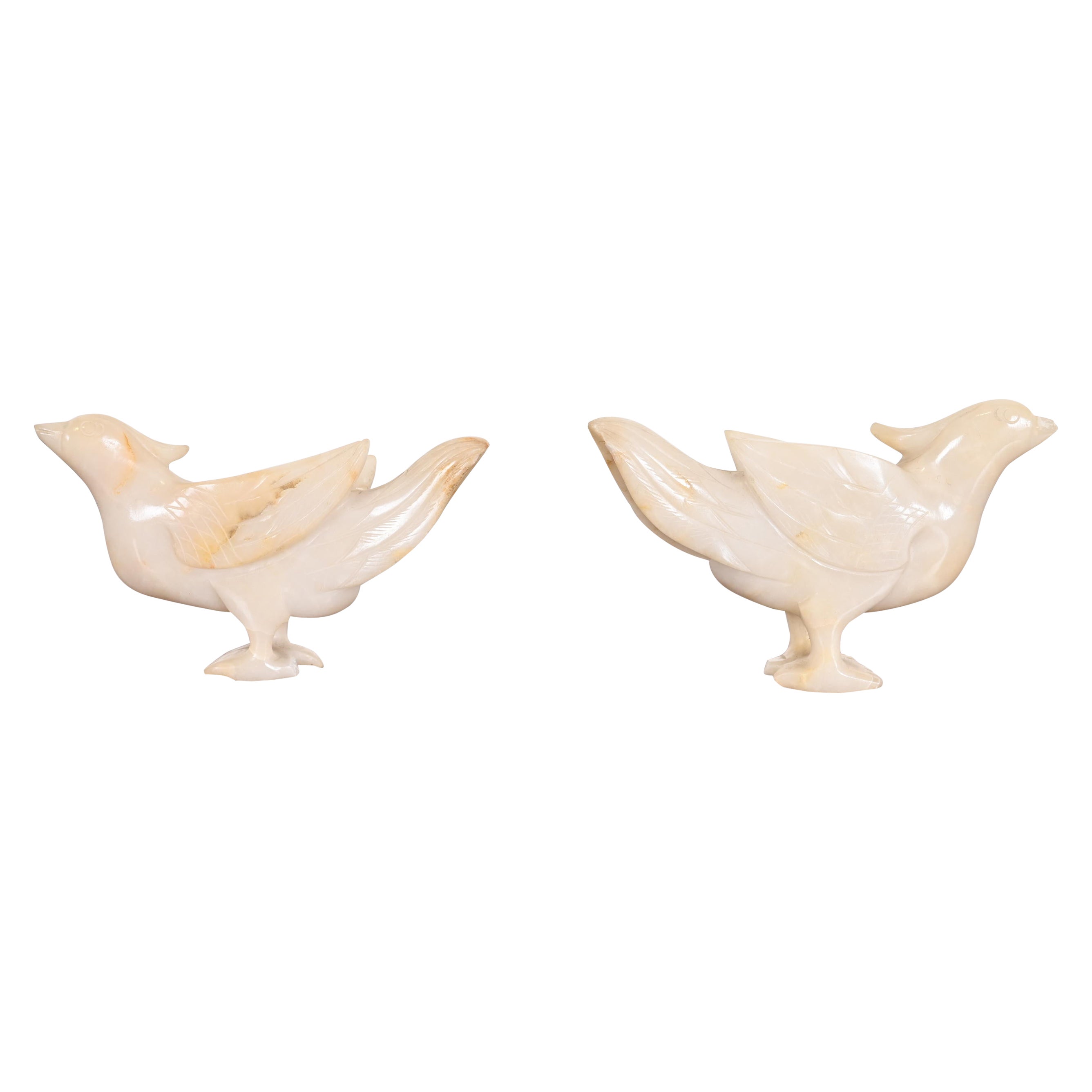 Antique Chinese Hand Carved White Jade Birds, Pair