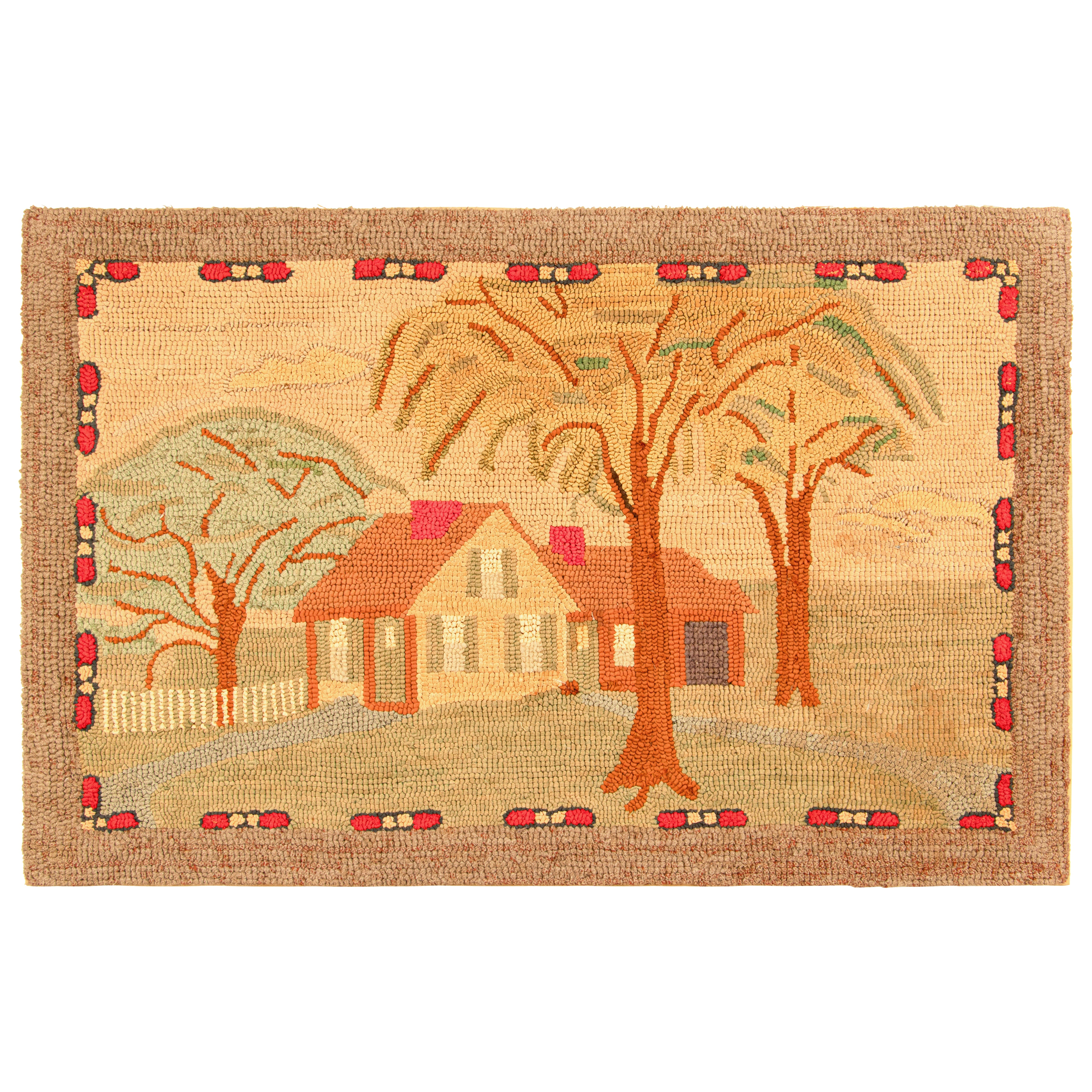 Antique Hooked Rug, Beige and Cream with Homestead Pictorial - Rug & Kilim