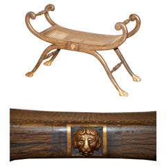 ANTICA PANCHINA REGENNA 1810 IN LEGNO DURO E GRIGLIATO PARCEL-GILT & CANED WiNDOW