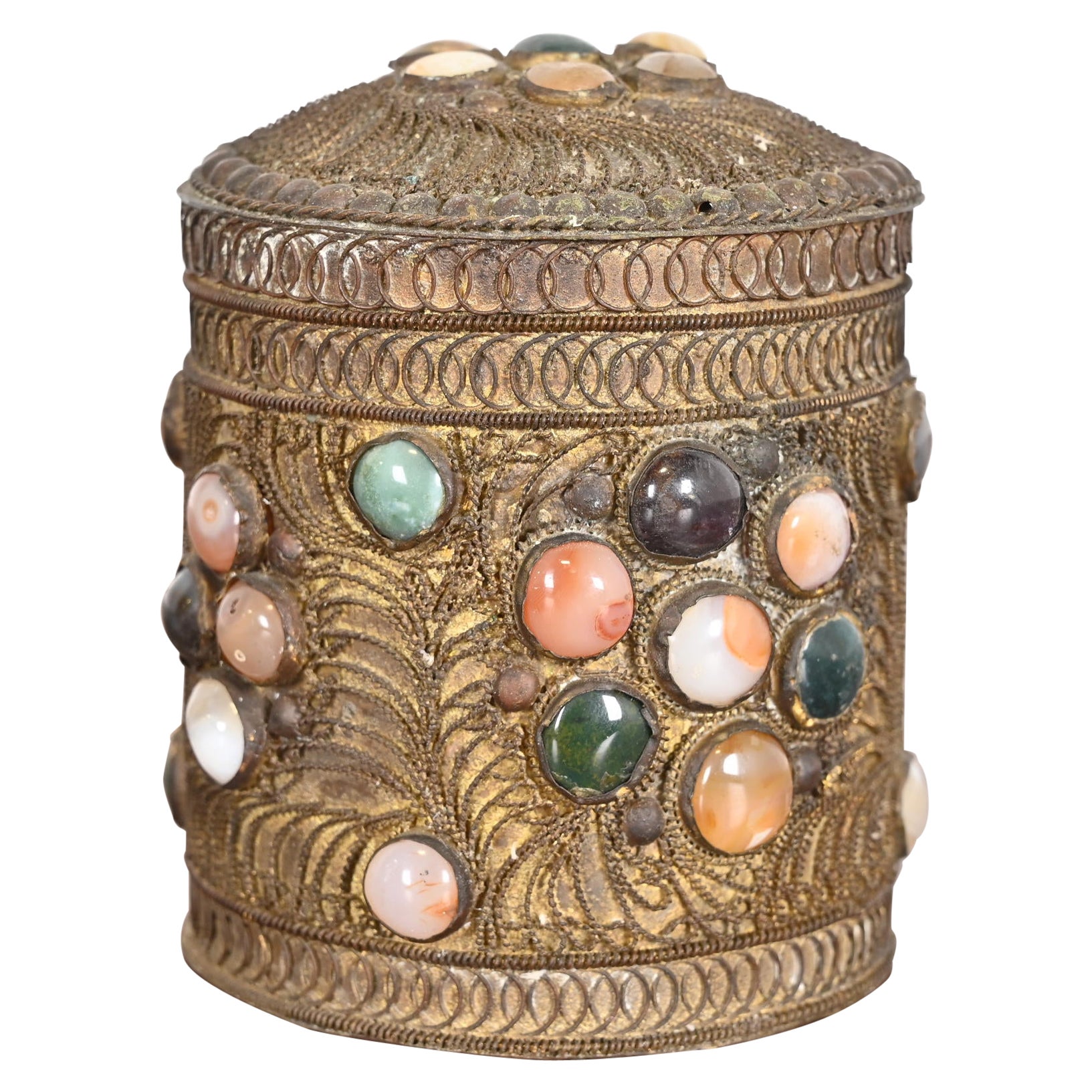 Antique Tibetan Bronze Filigree and Agate Trinket Jar
