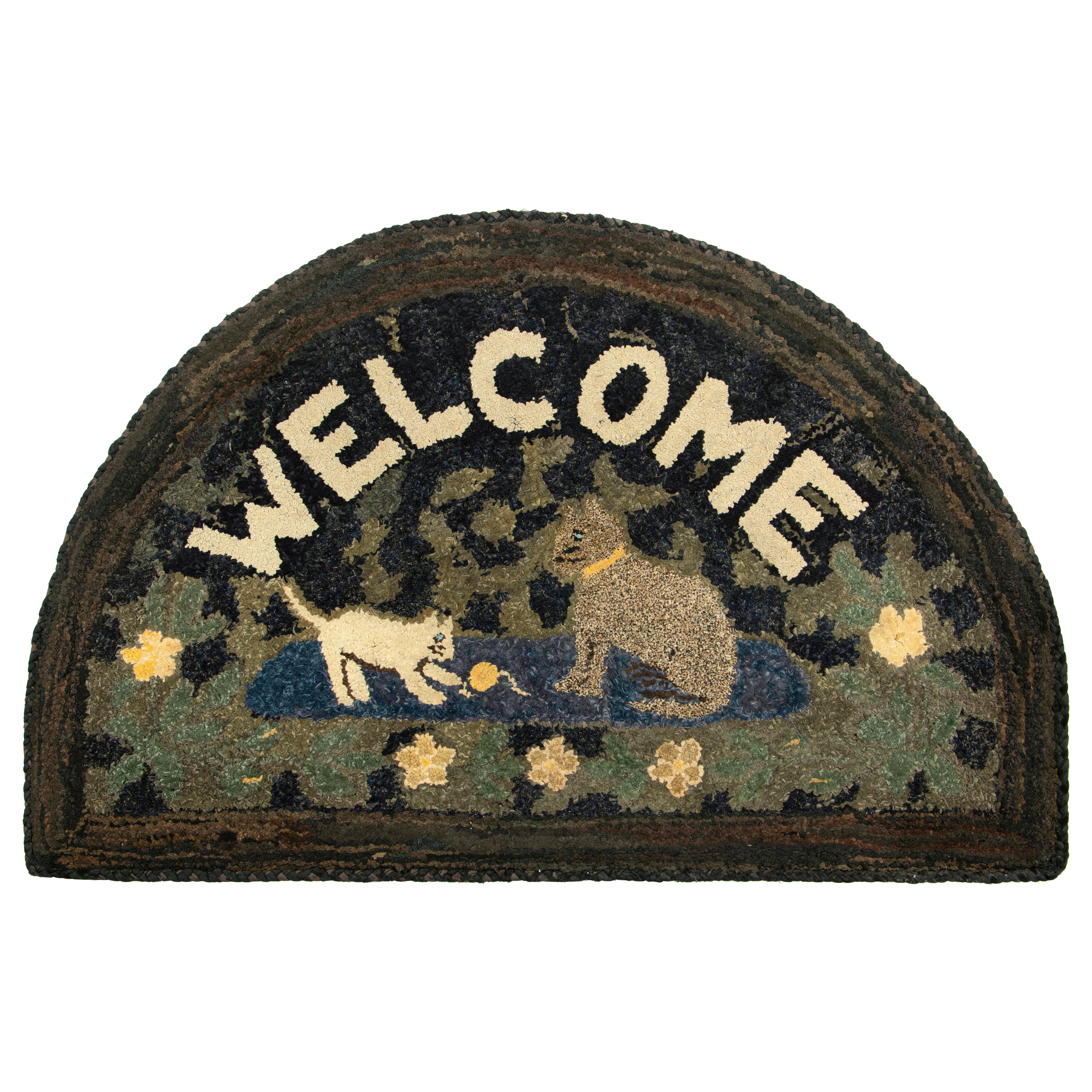 Antique Hooked Demi Lune Rug in Green with Animal Pictorials - Rug & Kilim For Sale